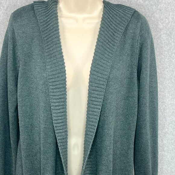 Tahari Open Front Cardigan Sweater Duster Hood Medium Green Cotton Blend Pockets - Picture 4 of 11